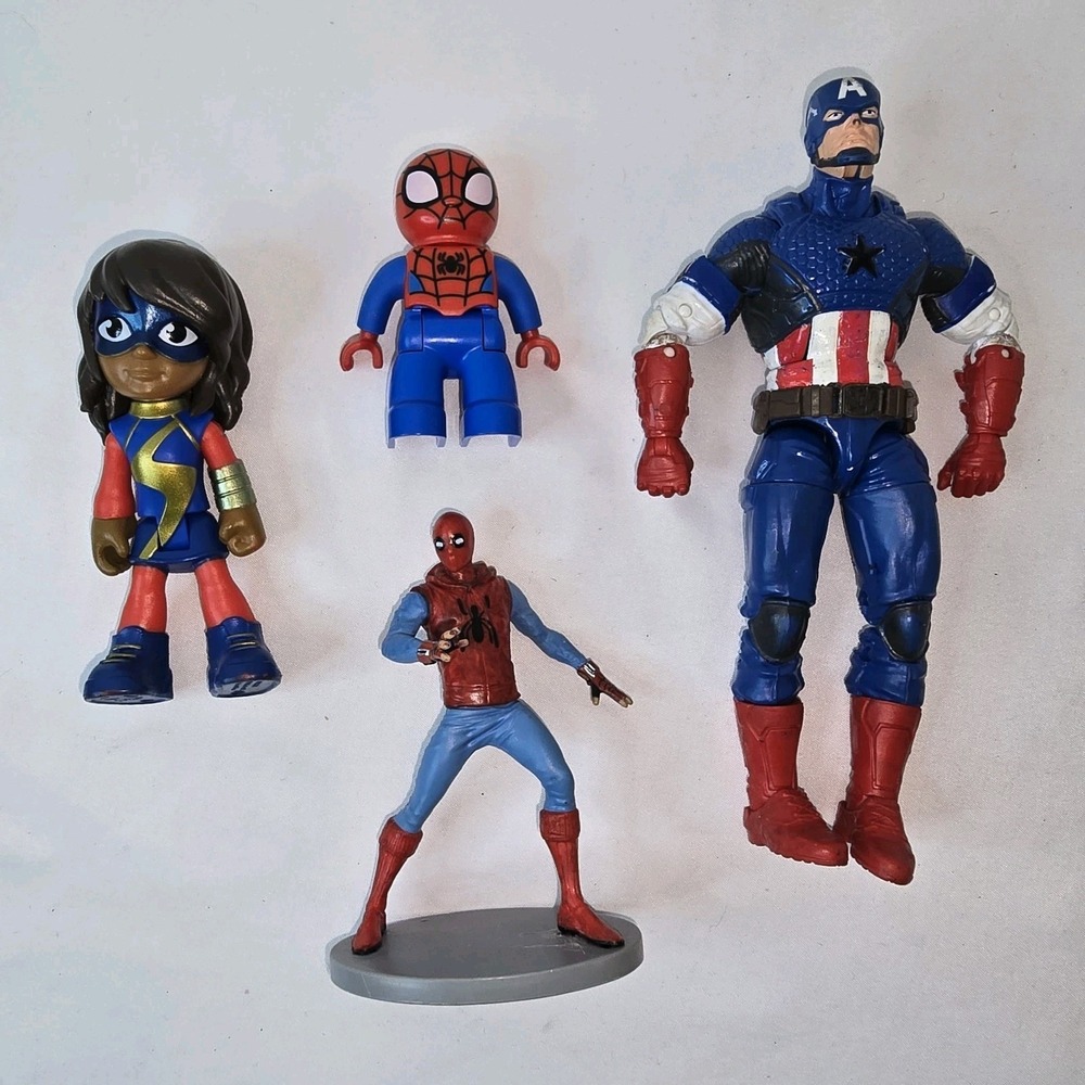 Lot of 4 Marvel DC Super Hero Figures Spiderman X 2, Captain America & Ms Marvel